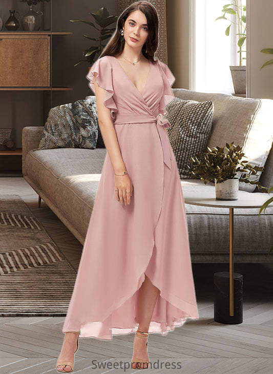 Isabel A-line V-Neck Asymmetrical Chiffon Bridesmaid Dress With Ruffle DHP0012818