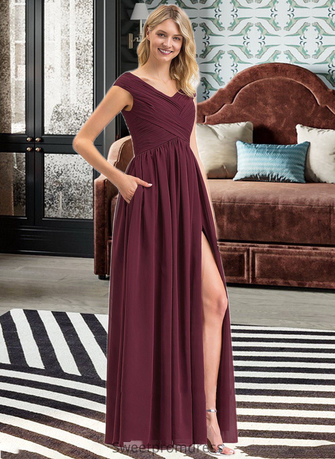 Trinity A-Line Off-the-Shoulder Floor-Length Chiffon Bridesmaid Dress With Ruffle Split Front Pockets DHP0012819