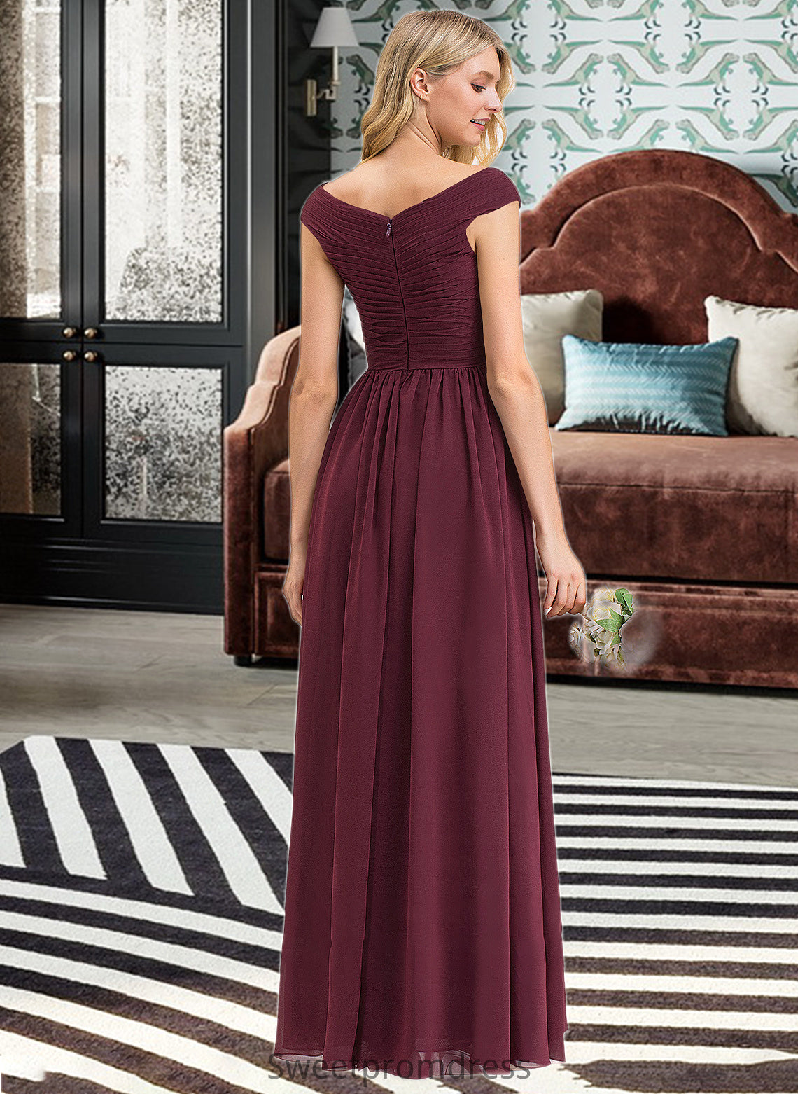 Trinity A-Line Off-the-Shoulder Floor-Length Chiffon Bridesmaid Dress With Ruffle Split Front Pockets DHP0012819