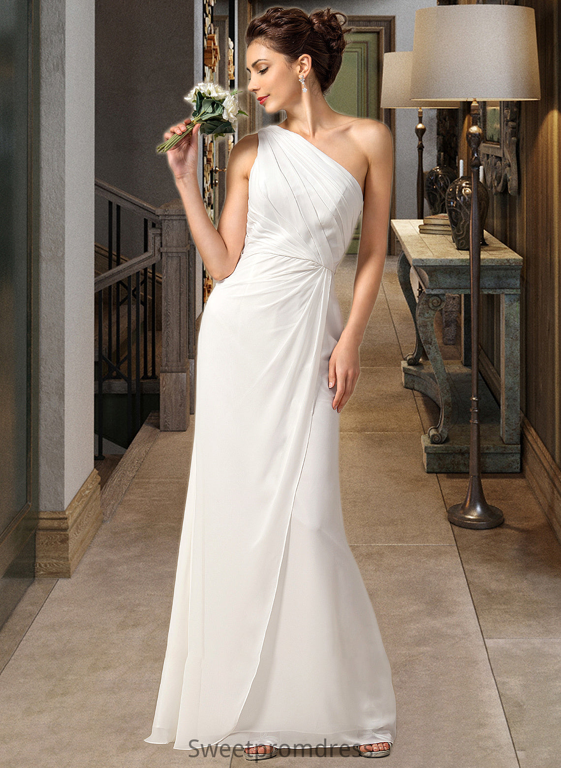 Mariana Sheath/Column One Shoulder Floor-Length Chiffon Bridesmaid Dress With Ruffle DHP0012820