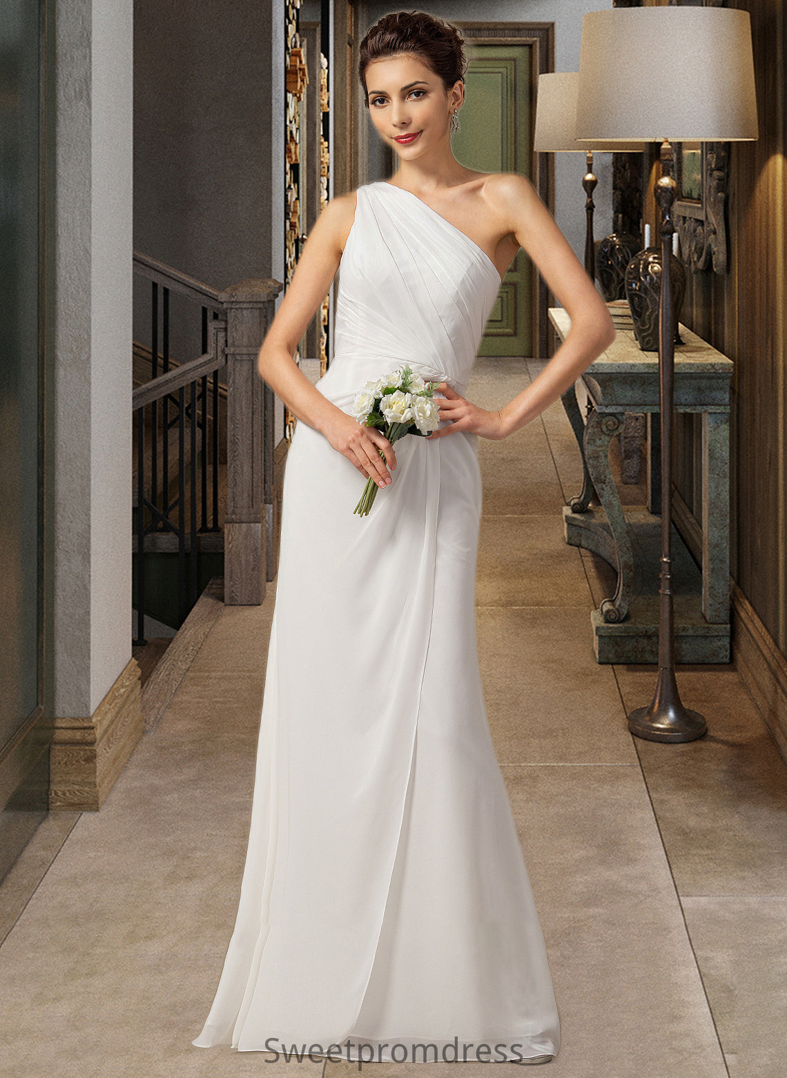 Mariana Sheath/Column One Shoulder Floor-Length Chiffon Bridesmaid Dress With Ruffle DHP0012820