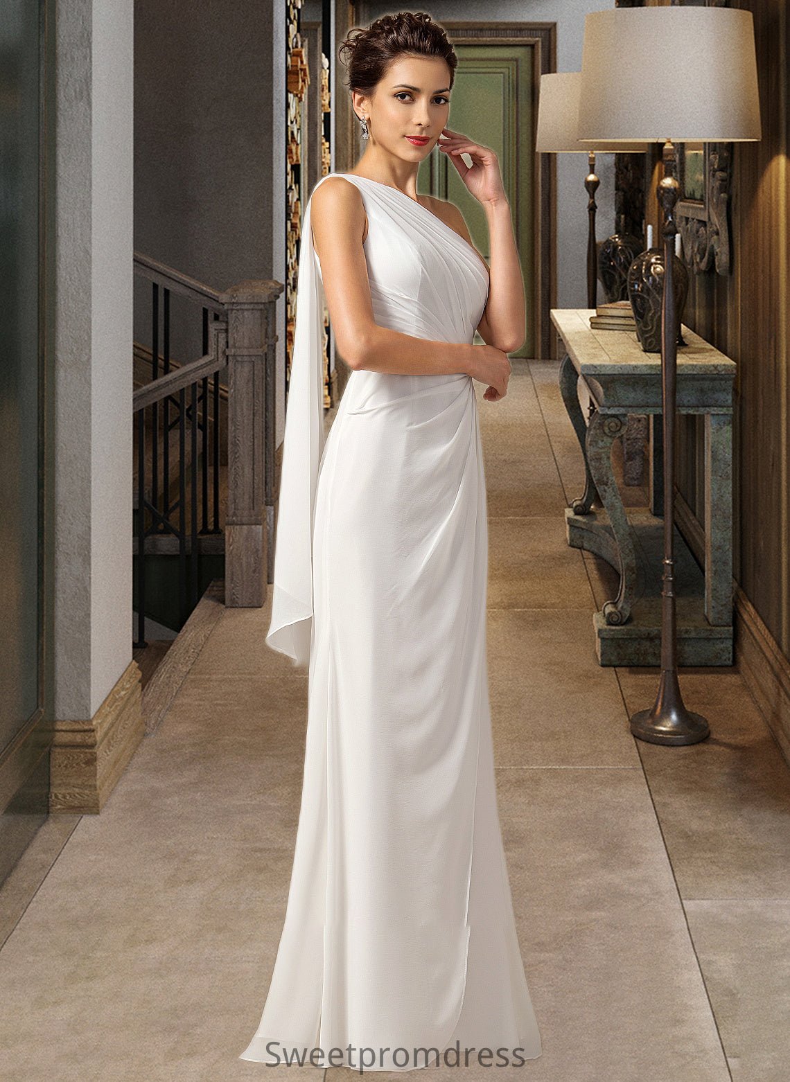 Mariana Sheath/Column One Shoulder Floor-Length Chiffon Bridesmaid Dress With Ruffle DHP0012820