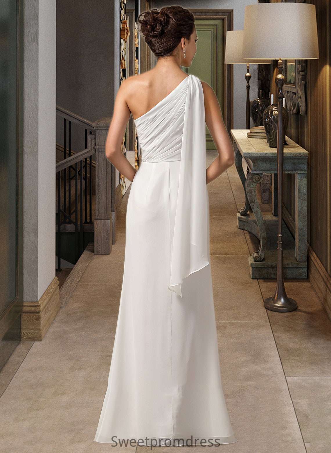 Mariana Sheath/Column One Shoulder Floor-Length Chiffon Bridesmaid Dress With Ruffle DHP0012820