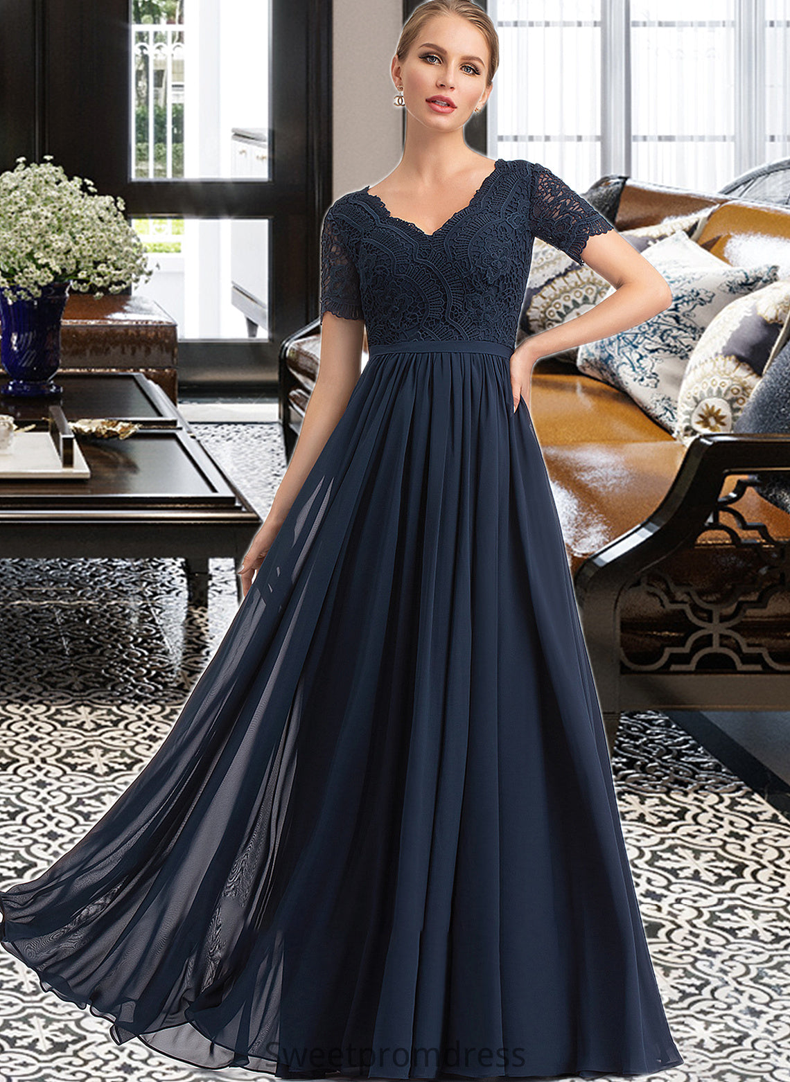 Emerson A-Line V-neck Floor-Length Chiffon Bridesmaid Dress DHP0012821