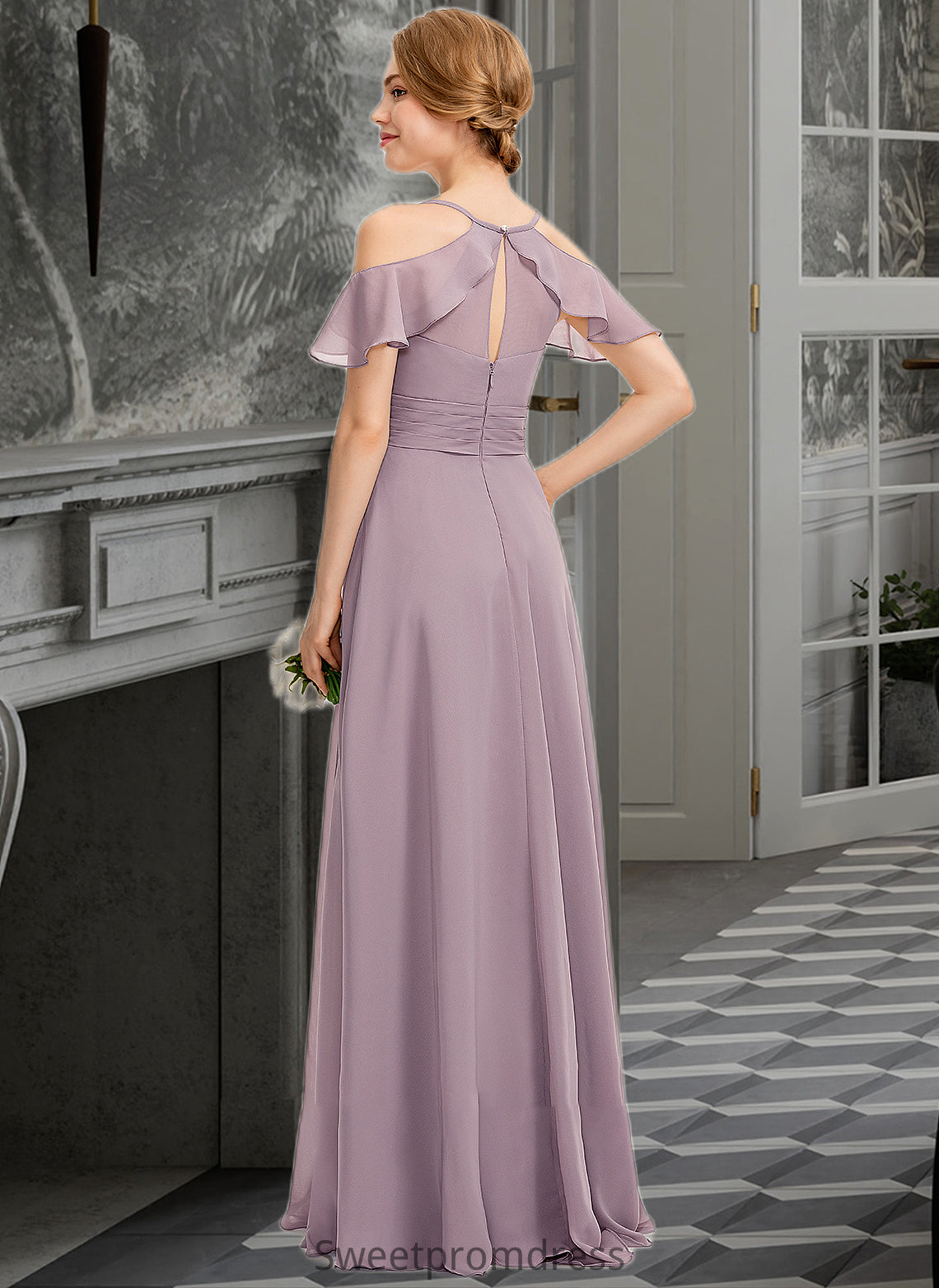 Willow A-Line V-neck Floor-Length Chiffon Bridesmaid Dress With Ruffle Split Front Cascading Ruffles DHP0012822