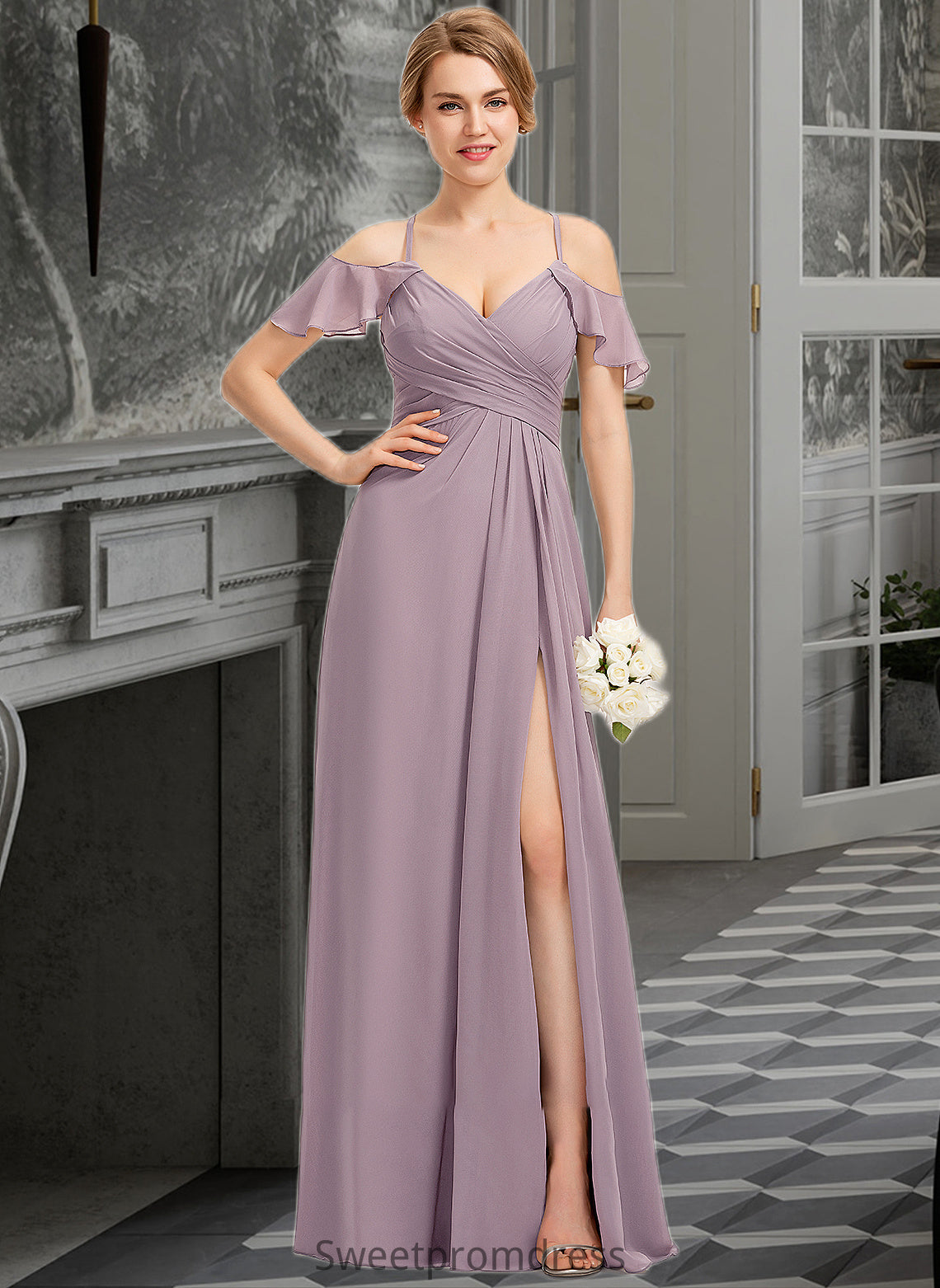 Willow A-Line V-neck Floor-Length Chiffon Bridesmaid Dress With Ruffle Split Front Cascading Ruffles DHP0012822