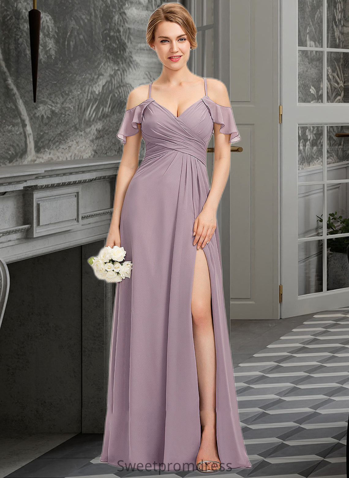 Willow A-Line V-neck Floor-Length Chiffon Bridesmaid Dress With Ruffle Split Front Cascading Ruffles DHP0012822