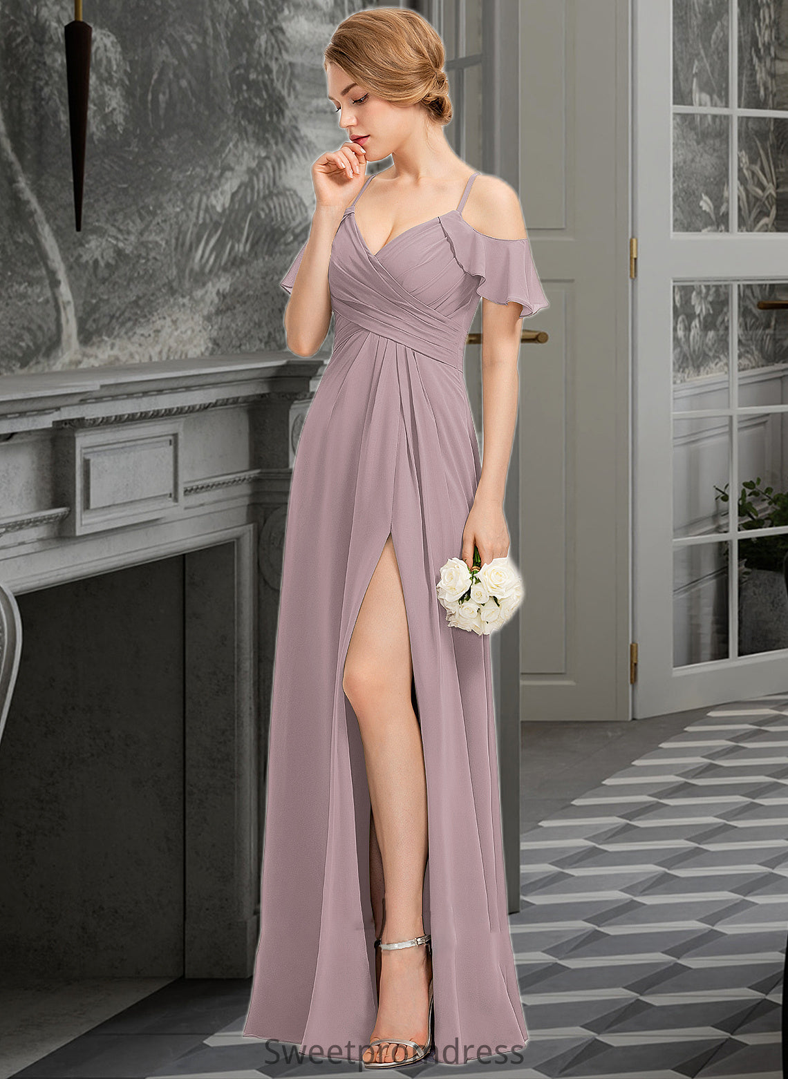 Willow A-Line V-neck Floor-Length Chiffon Bridesmaid Dress With Ruffle Split Front Cascading Ruffles DHP0012822