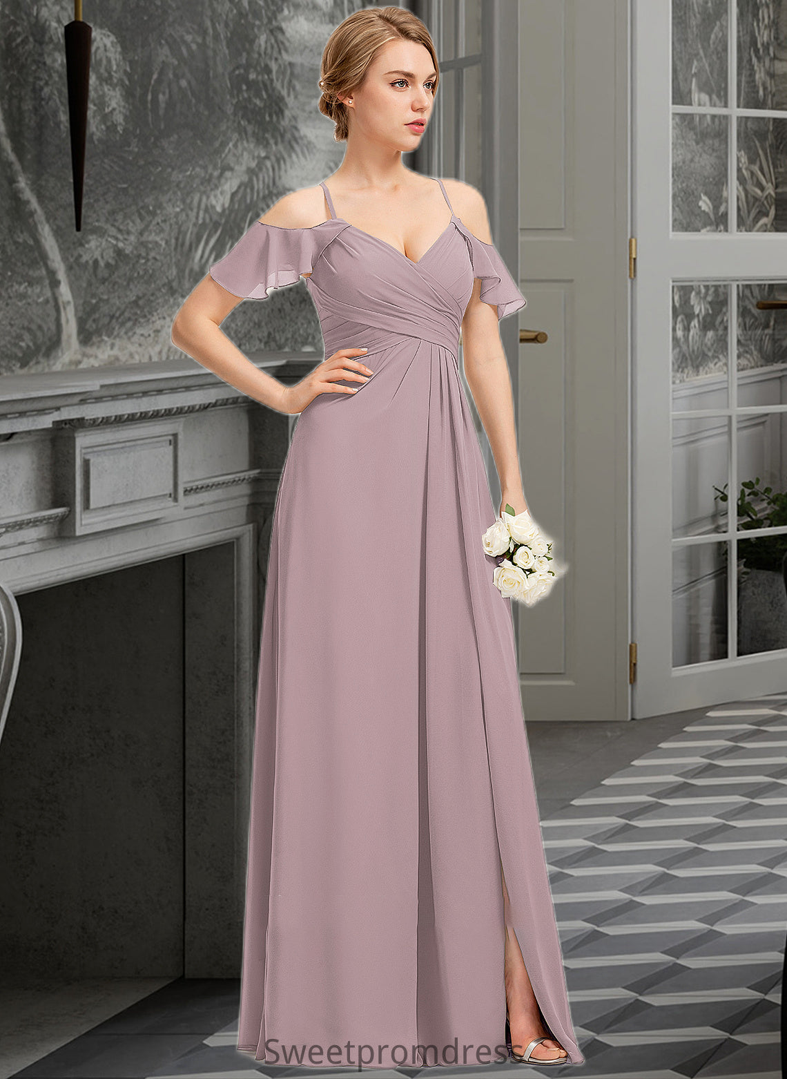 Willow A-Line V-neck Floor-Length Chiffon Bridesmaid Dress With Ruffle Split Front Cascading Ruffles DHP0012822