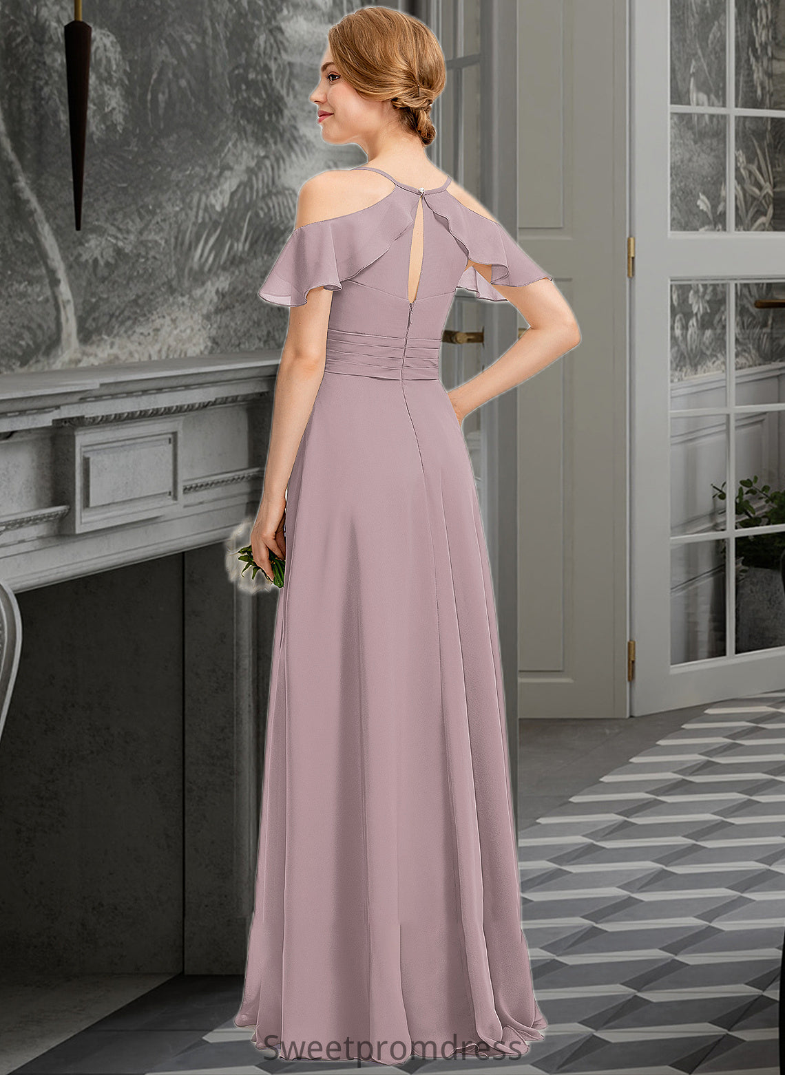 Willow A-Line V-neck Floor-Length Chiffon Bridesmaid Dress With Ruffle Split Front Cascading Ruffles DHP0012822