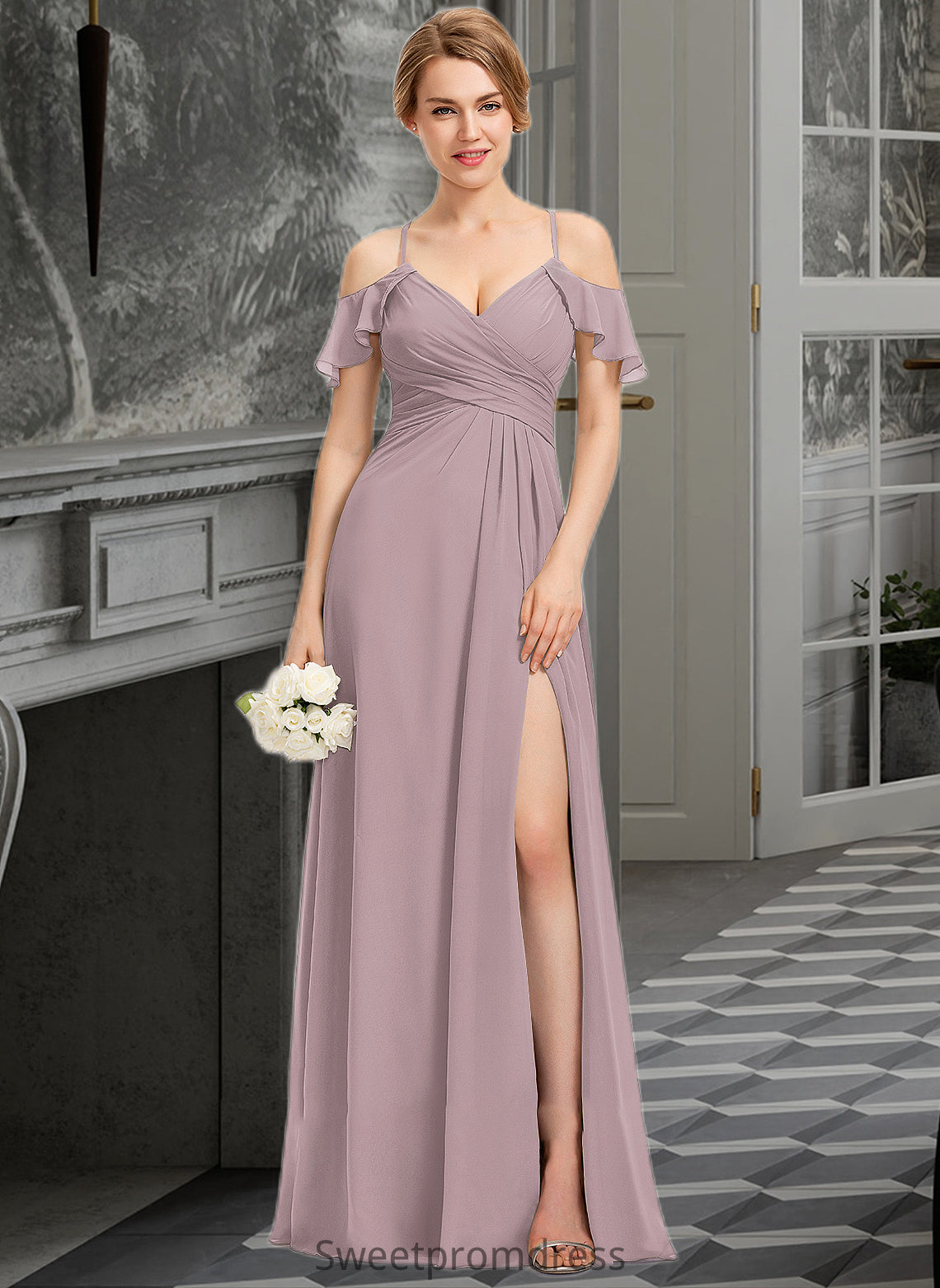 Willow A-Line V-neck Floor-Length Chiffon Bridesmaid Dress With Ruffle Split Front Cascading Ruffles DHP0012822