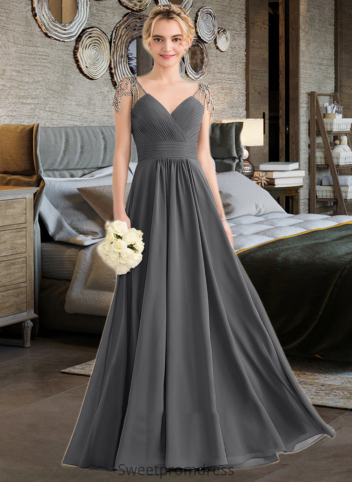 Tatum A-Line V-neck Floor-Length Chiffon Bridesmaid Dress With Ruffle Beading Sequins DHP0012823