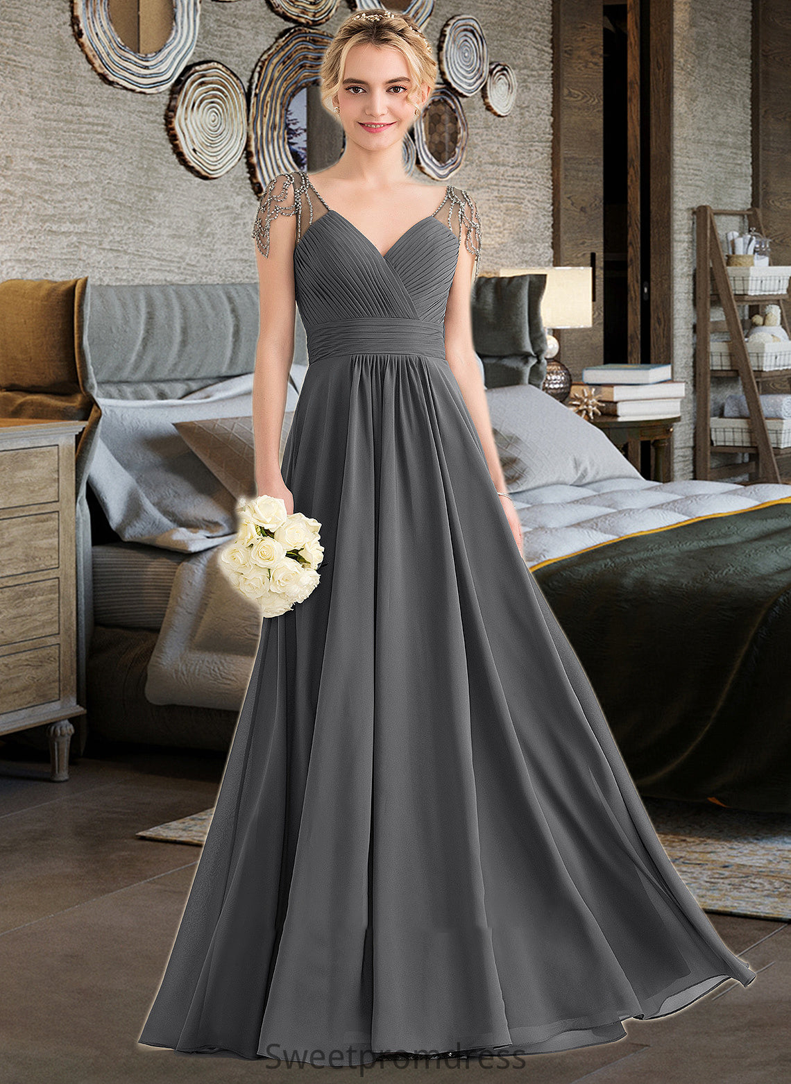 Tatum A-Line V-neck Floor-Length Chiffon Bridesmaid Dress With Ruffle Beading Sequins DHP0012823