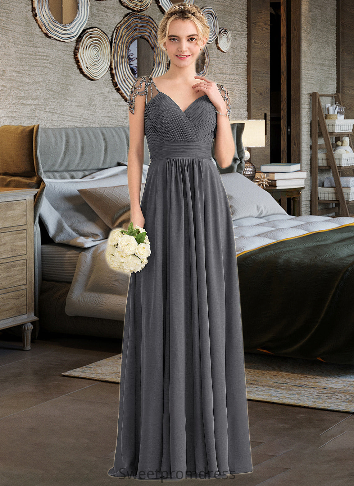 Tatum A-Line V-neck Floor-Length Chiffon Bridesmaid Dress With Ruffle Beading Sequins DHP0012823