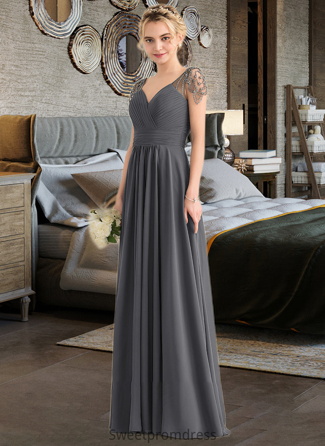 Tatum A-Line V-neck Floor-Length Chiffon Bridesmaid Dress With Ruffle Beading Sequins DHP0012823