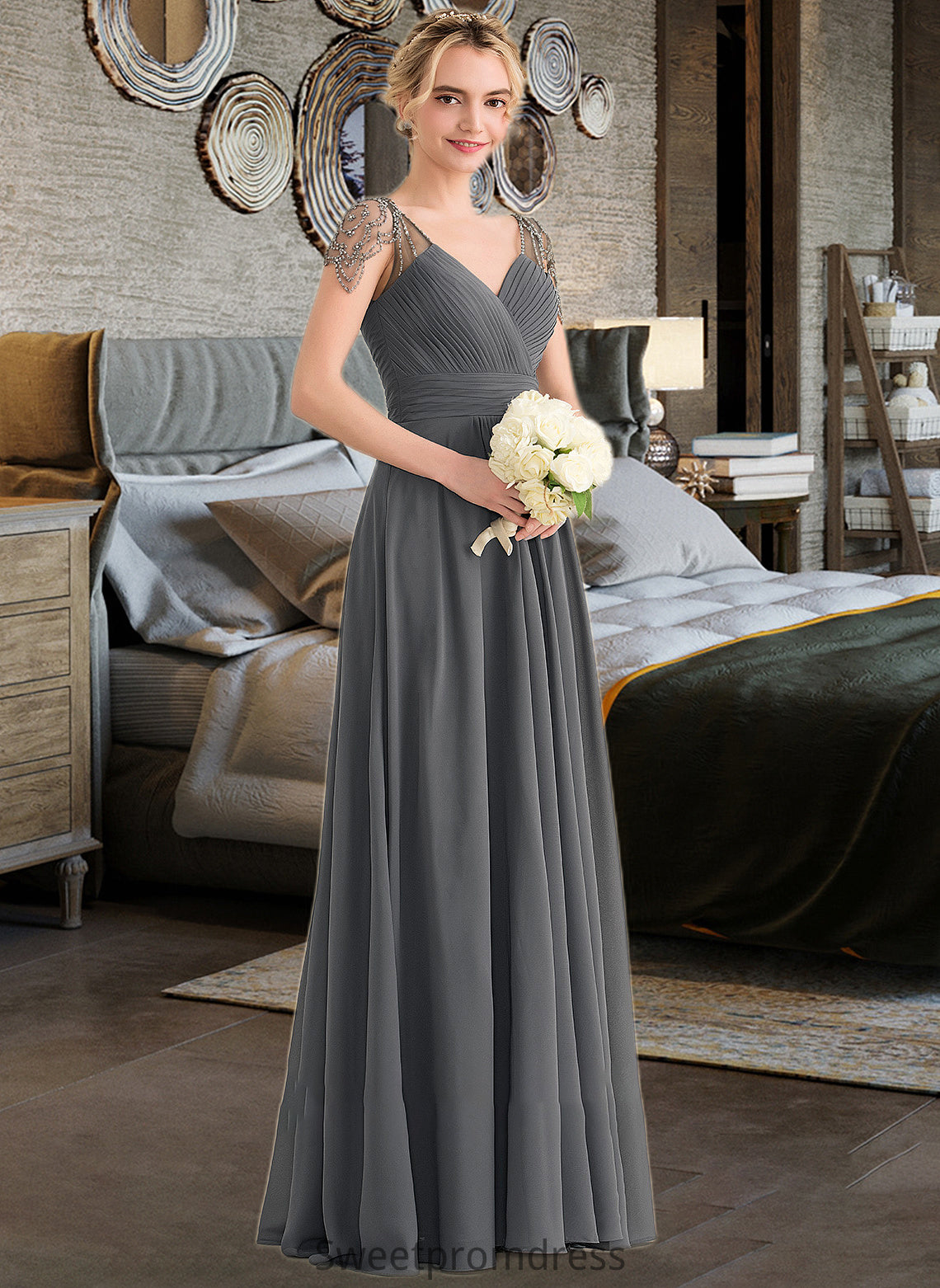 Tatum A-Line V-neck Floor-Length Chiffon Bridesmaid Dress With Ruffle Beading Sequins DHP0012823