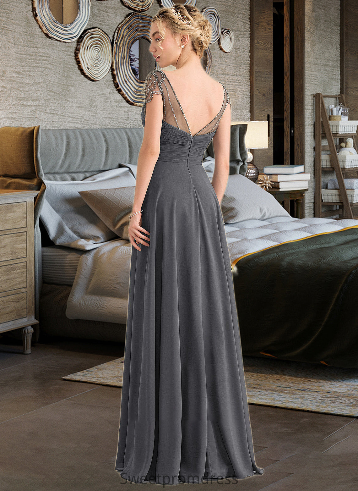 Tatum A-Line V-neck Floor-Length Chiffon Bridesmaid Dress With Ruffle Beading Sequins DHP0012823