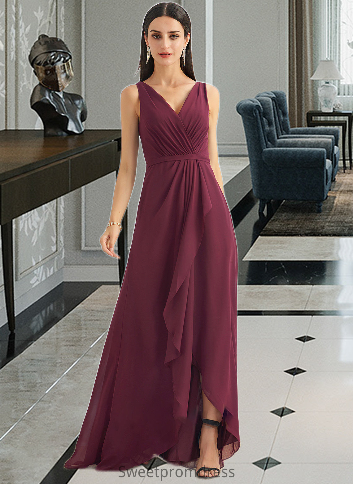 Giovanna A-Line V-neck Asymmetrical Bridesmaid Dress With Split Front DHP0012824