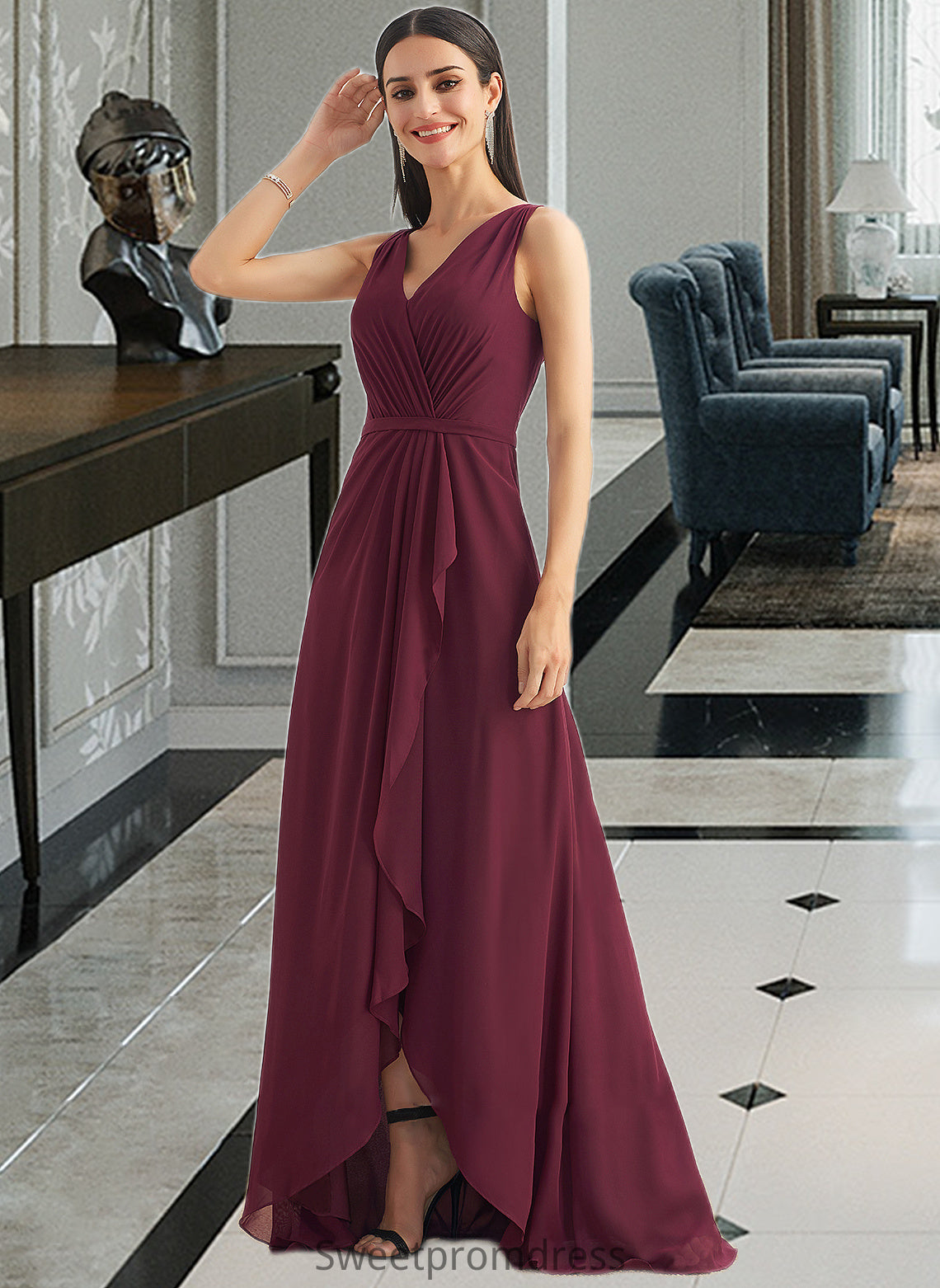 Giovanna A-Line V-neck Asymmetrical Bridesmaid Dress With Split Front DHP0012824