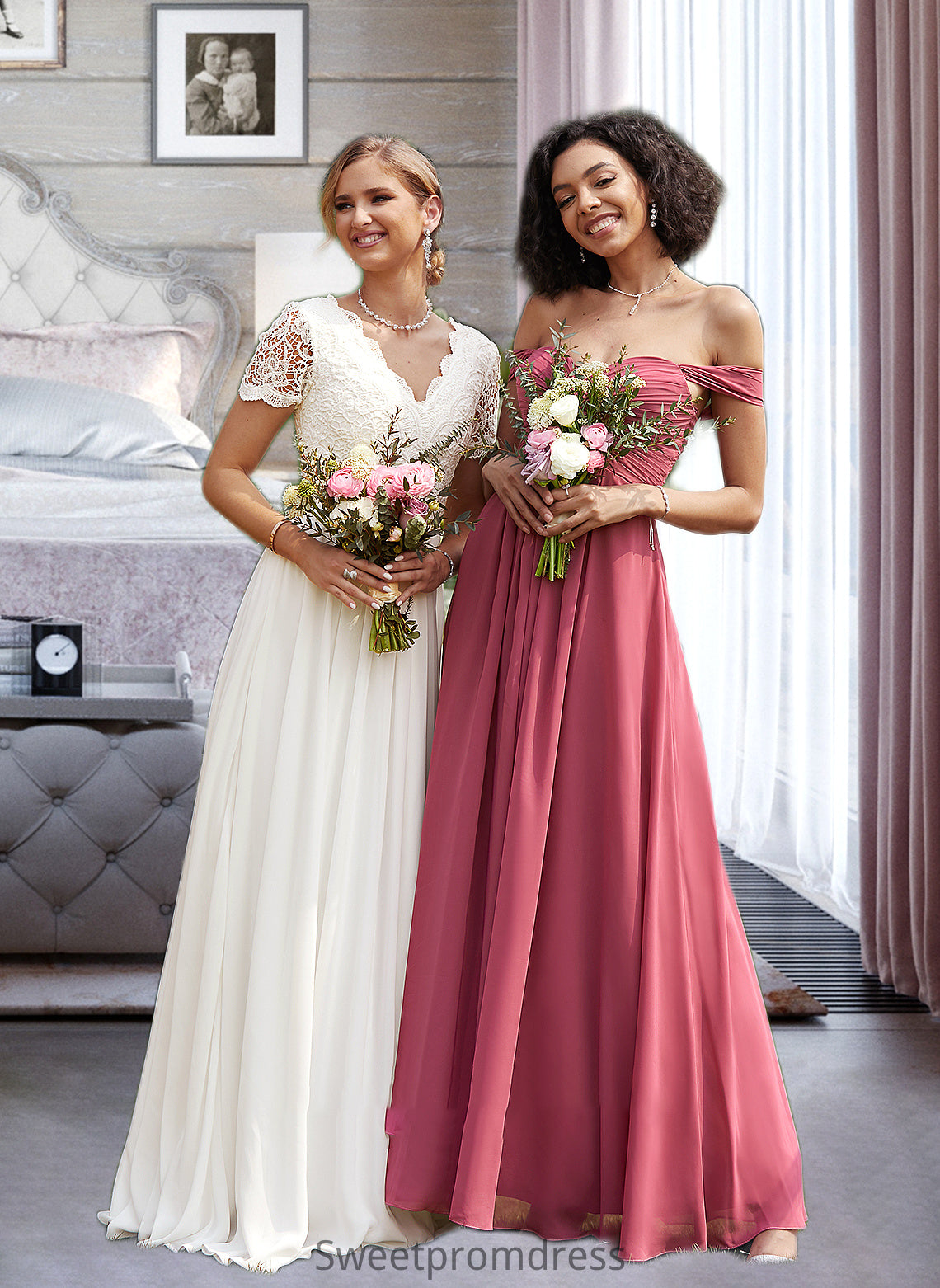 Annalise A-line Off the Shoulder Floor-Length Chiffon Bridesmaid Dress With Ruffle DHP0012825