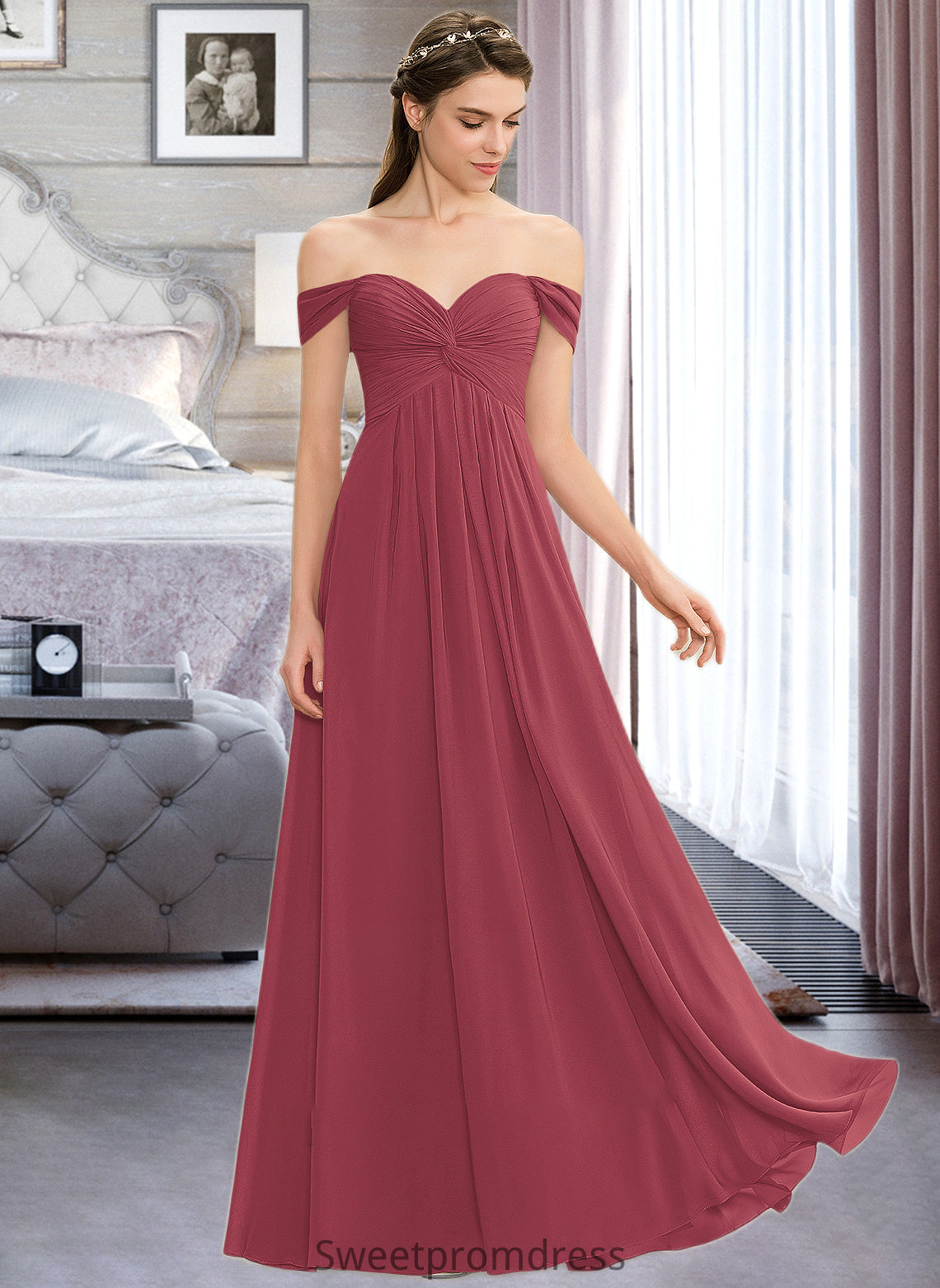 Annalise A-line Off the Shoulder Floor-Length Chiffon Bridesmaid Dress With Ruffle DHP0012825