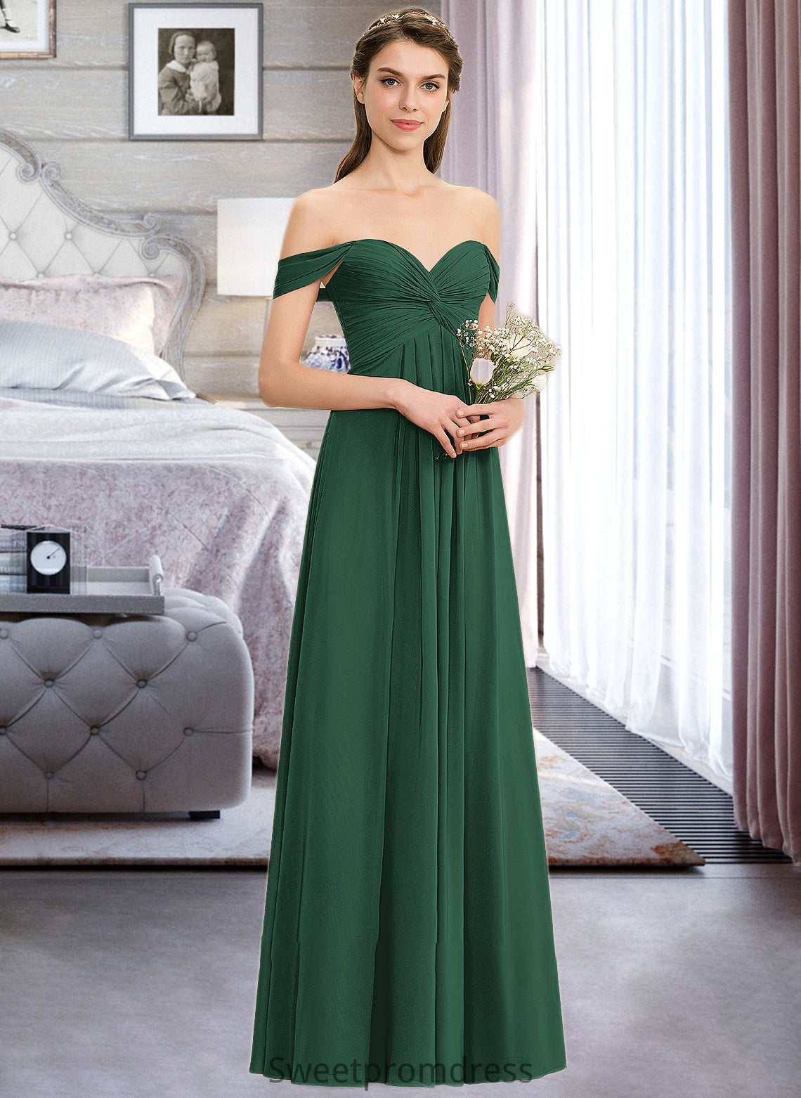 Annalise A-line Off the Shoulder Floor-Length Chiffon Bridesmaid Dress With Ruffle DHP0012825