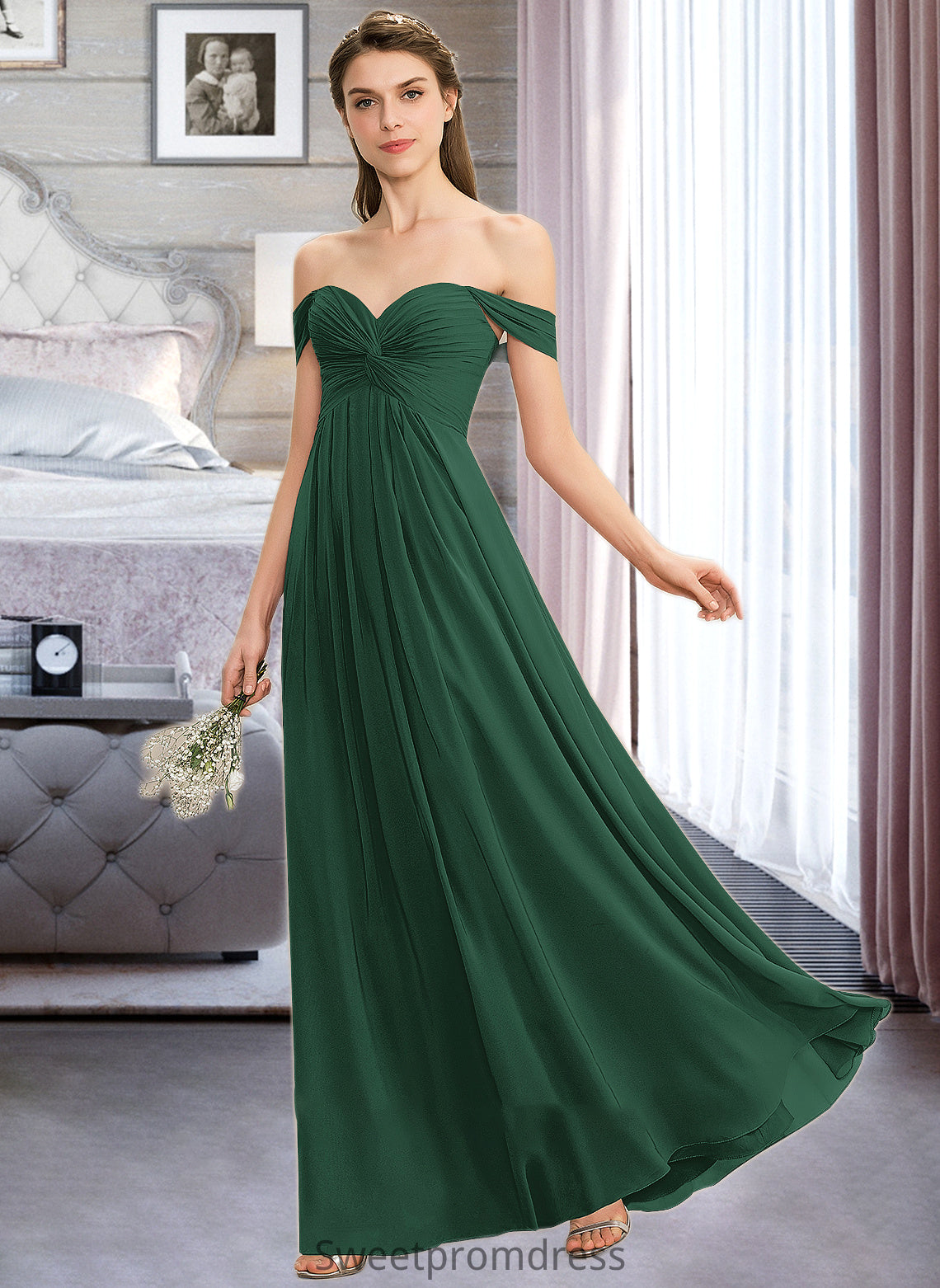 Annalise A-line Off the Shoulder Floor-Length Chiffon Bridesmaid Dress With Ruffle DHP0012825