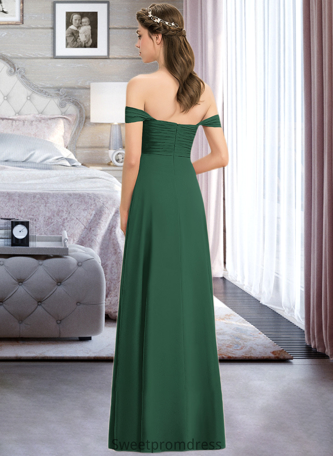 Annalise A-line Off the Shoulder Floor-Length Chiffon Bridesmaid Dress With Ruffle DHP0012825