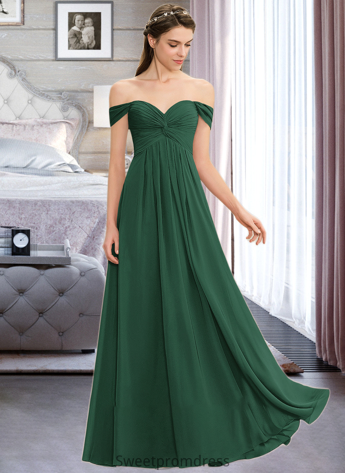 Annalise A-line Off the Shoulder Floor-Length Chiffon Bridesmaid Dress With Ruffle DHP0012825