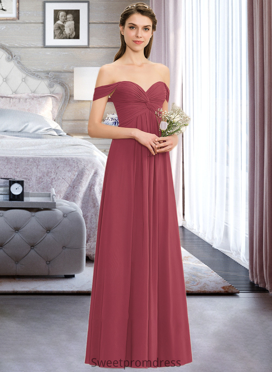 Annalise A-line Off the Shoulder Floor-Length Chiffon Bridesmaid Dress With Ruffle DHP0012825