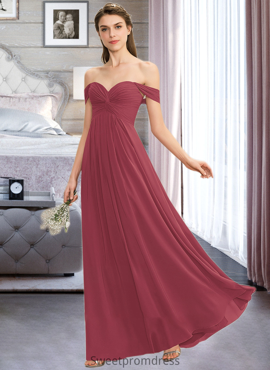 Annalise A-line Off the Shoulder Floor-Length Chiffon Bridesmaid Dress With Ruffle DHP0012825