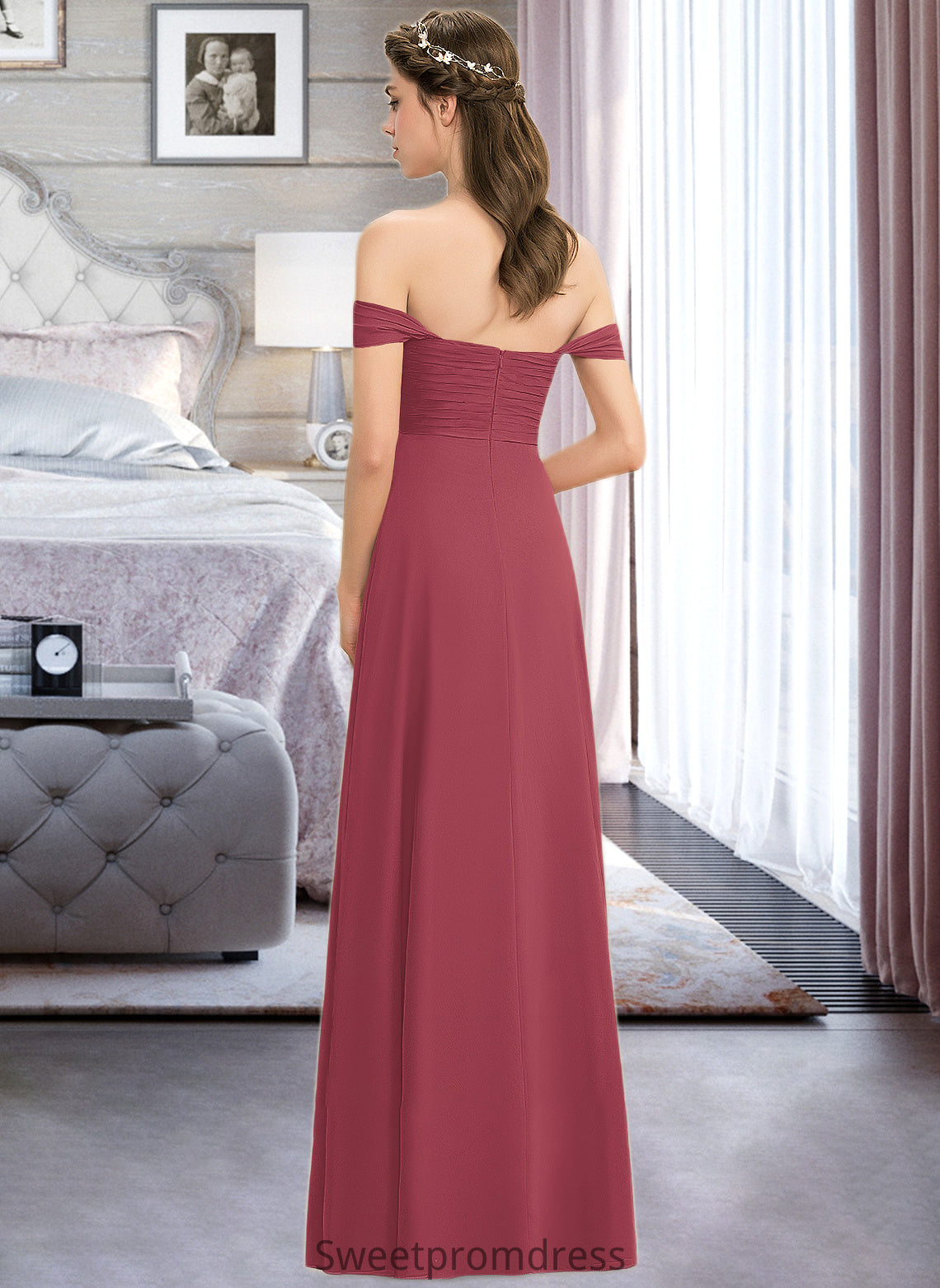 Annalise A-line Off the Shoulder Floor-Length Chiffon Bridesmaid Dress With Ruffle DHP0012825