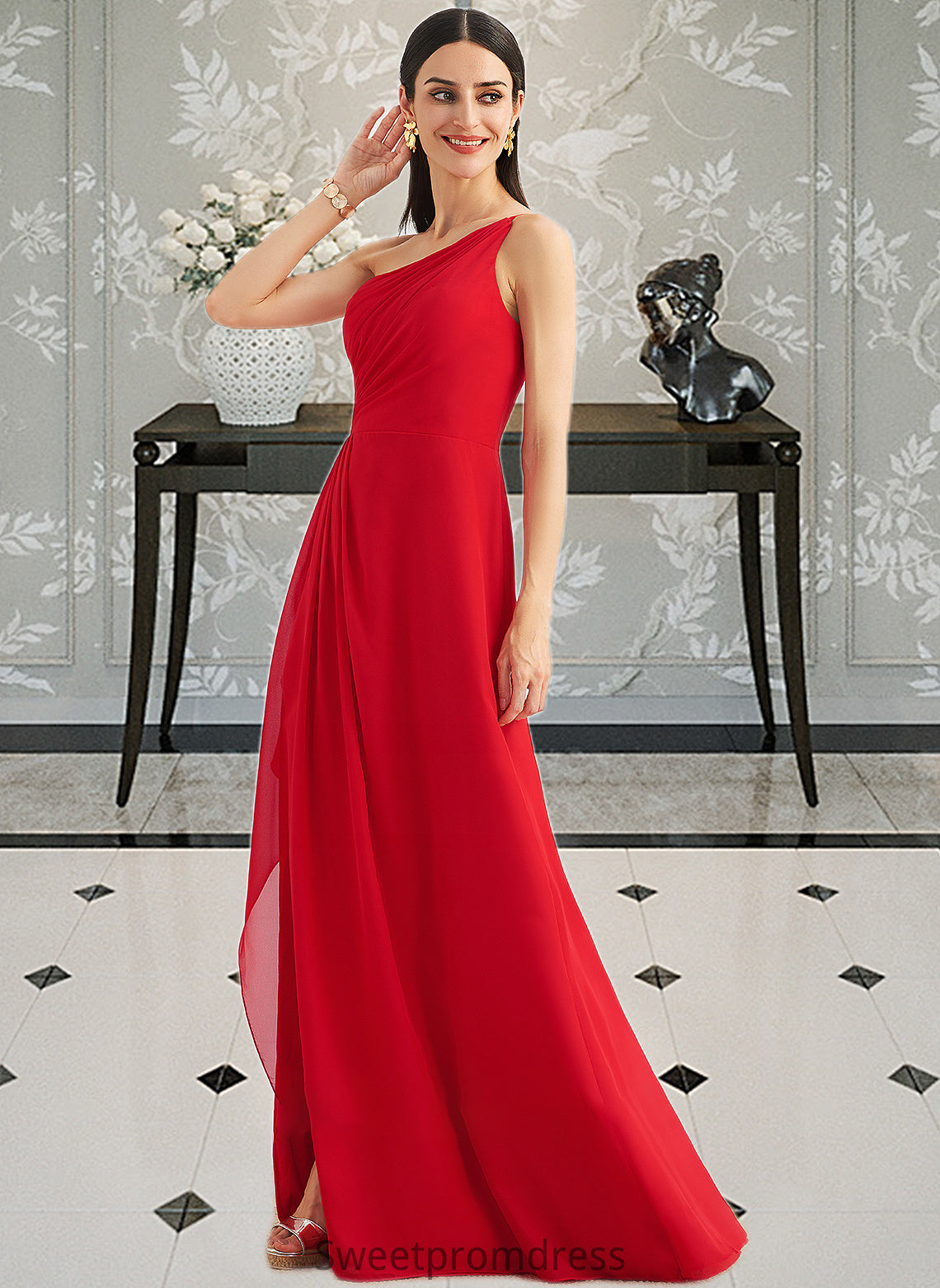 Nathaly A-Line One-Shoulder Floor-Length Bridesmaid Dress With Ruffle Split Front DHP0012827