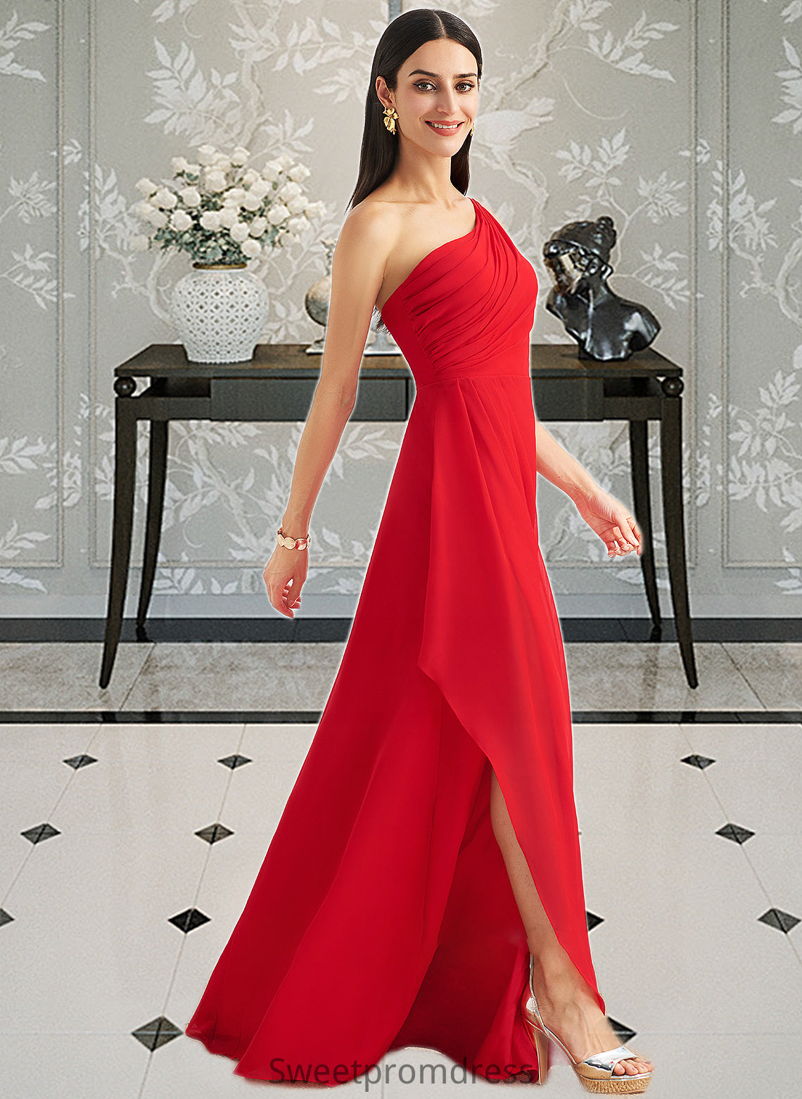 Nathaly A-Line One-Shoulder Floor-Length Bridesmaid Dress With Ruffle Split Front DHP0012827