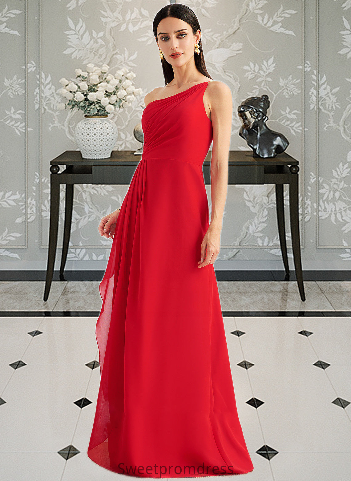 Nathaly A-Line One-Shoulder Floor-Length Bridesmaid Dress With Ruffle Split Front DHP0012827