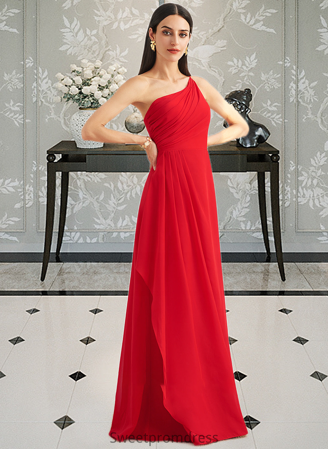 Nathaly A-Line One-Shoulder Floor-Length Bridesmaid Dress With Ruffle Split Front DHP0012827