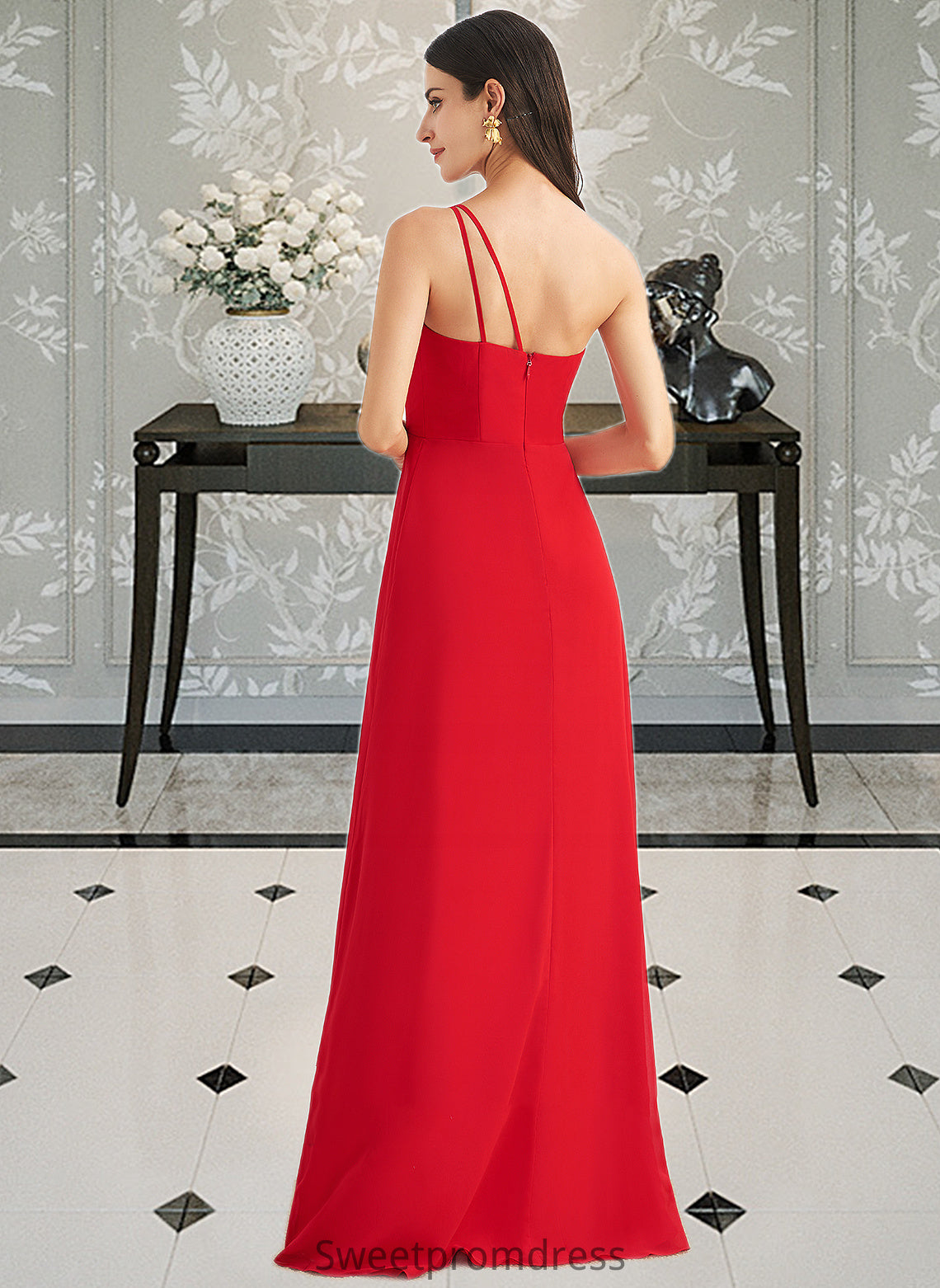 Nathaly A-Line One-Shoulder Floor-Length Bridesmaid Dress With Ruffle Split Front DHP0012827