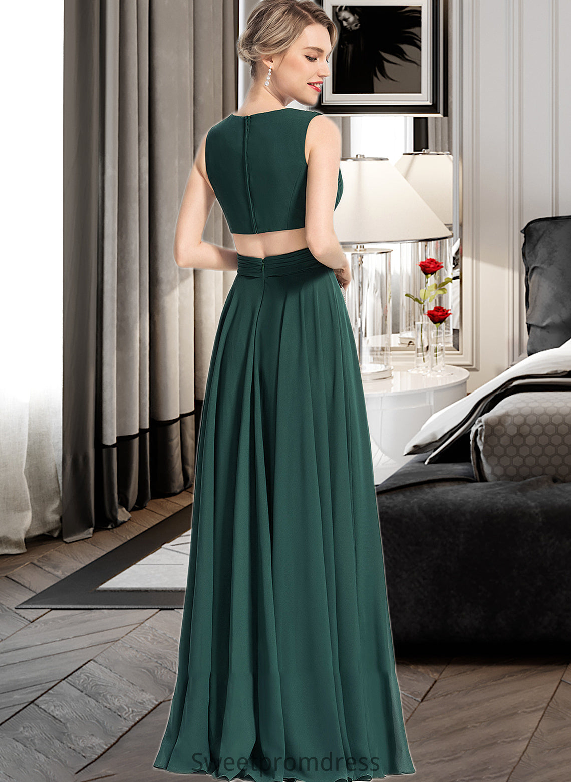 Bridget A-Line V-neck Floor-Length Chiffon Bridesmaid Dress DHP0012828