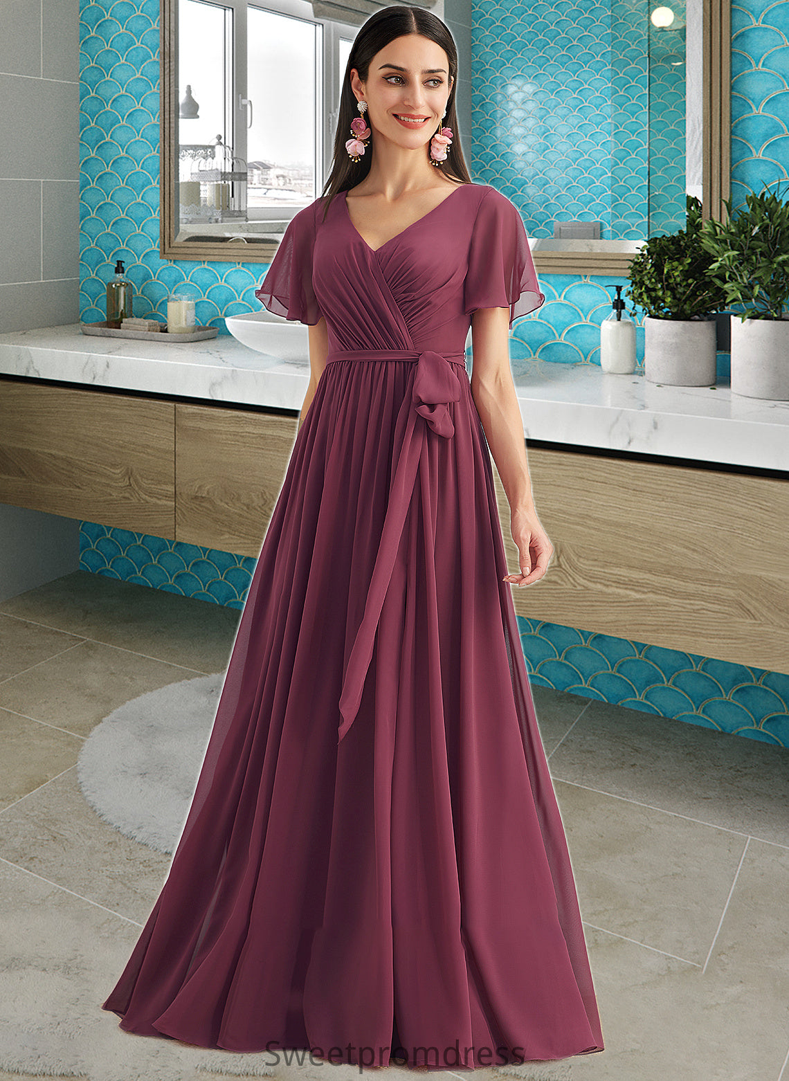 Daisy A-Line V-neck Floor-Length Bridesmaid Dress With Split Front DHP0012829