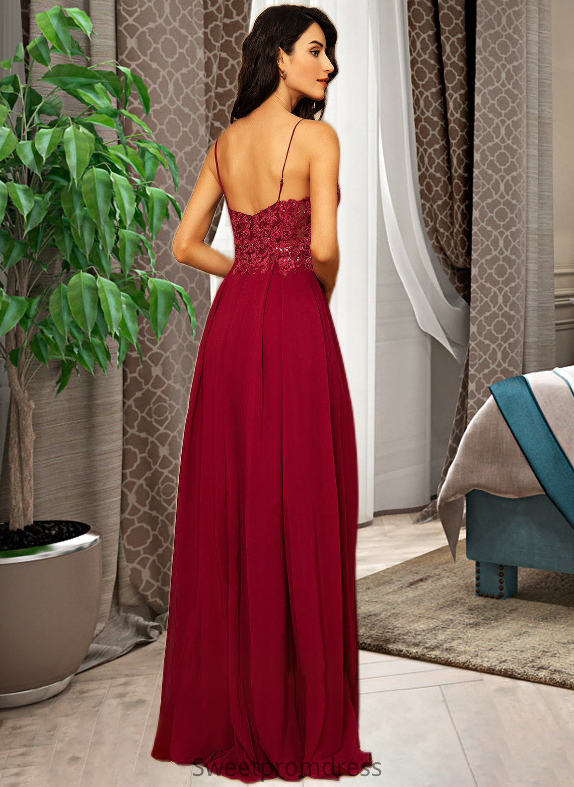 Nola A-Line V-neck Floor-Length Chiffon Bridesmaid Dress With Lace Sequins Split Front DHP0012830