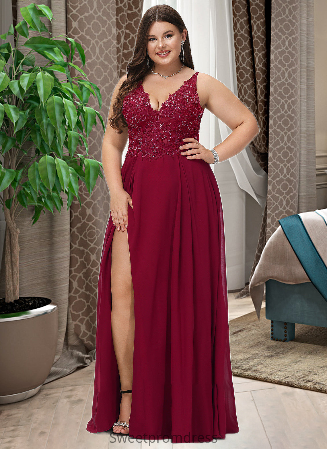 Nola A-Line V-neck Floor-Length Chiffon Bridesmaid Dress With Lace Sequins Split Front DHP0012830