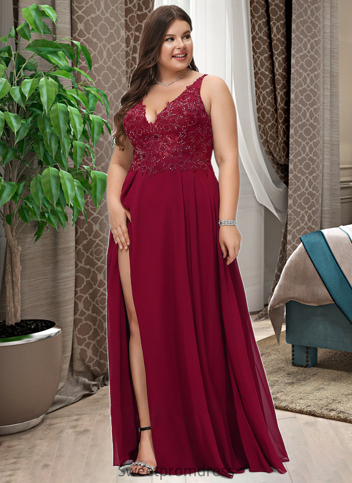 Nola A-Line V-neck Floor-Length Chiffon Bridesmaid Dress With Lace Sequins Split Front DHP0012830