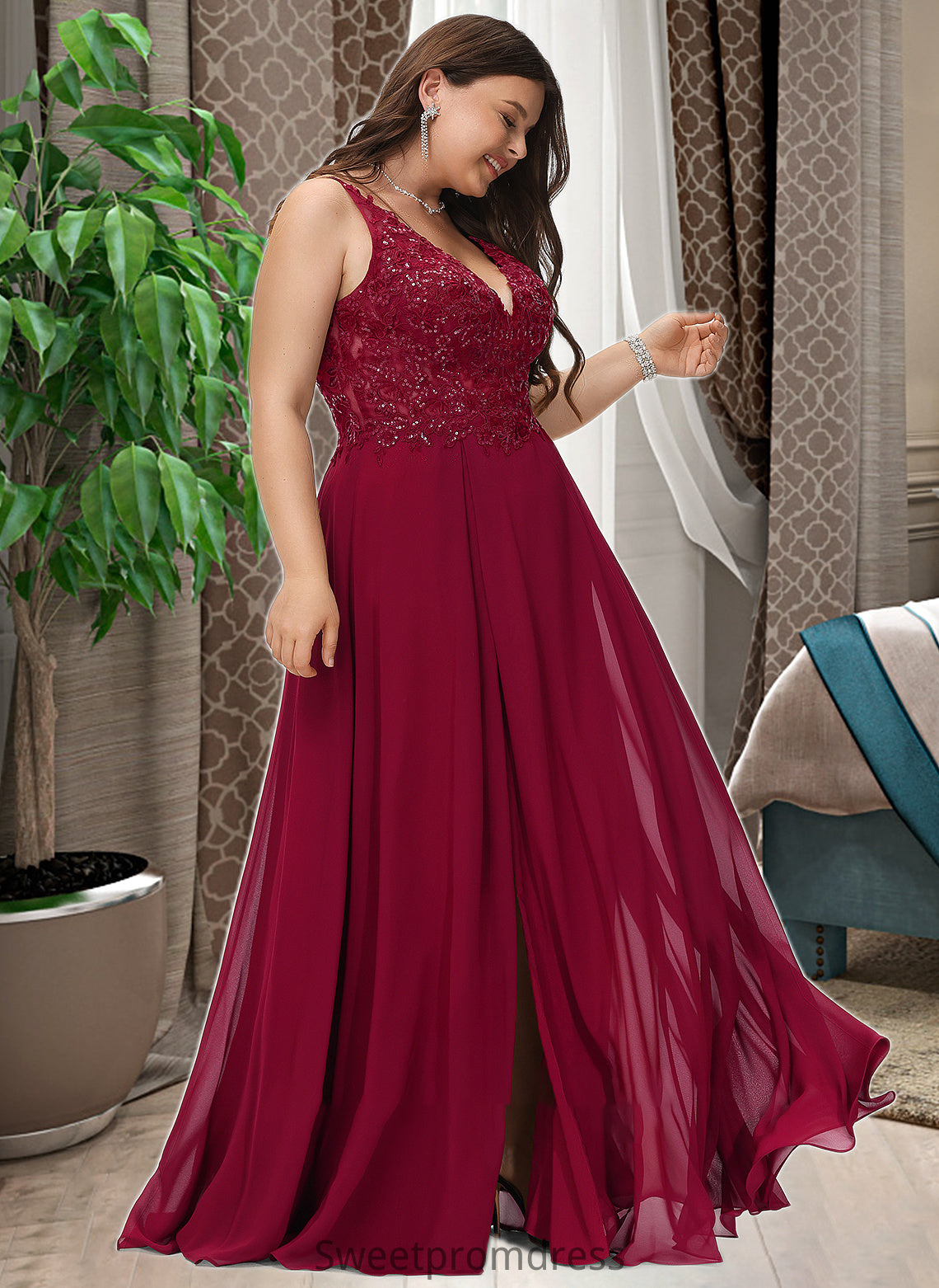 Nola A-Line V-neck Floor-Length Chiffon Bridesmaid Dress With Lace Sequins Split Front DHP0012830