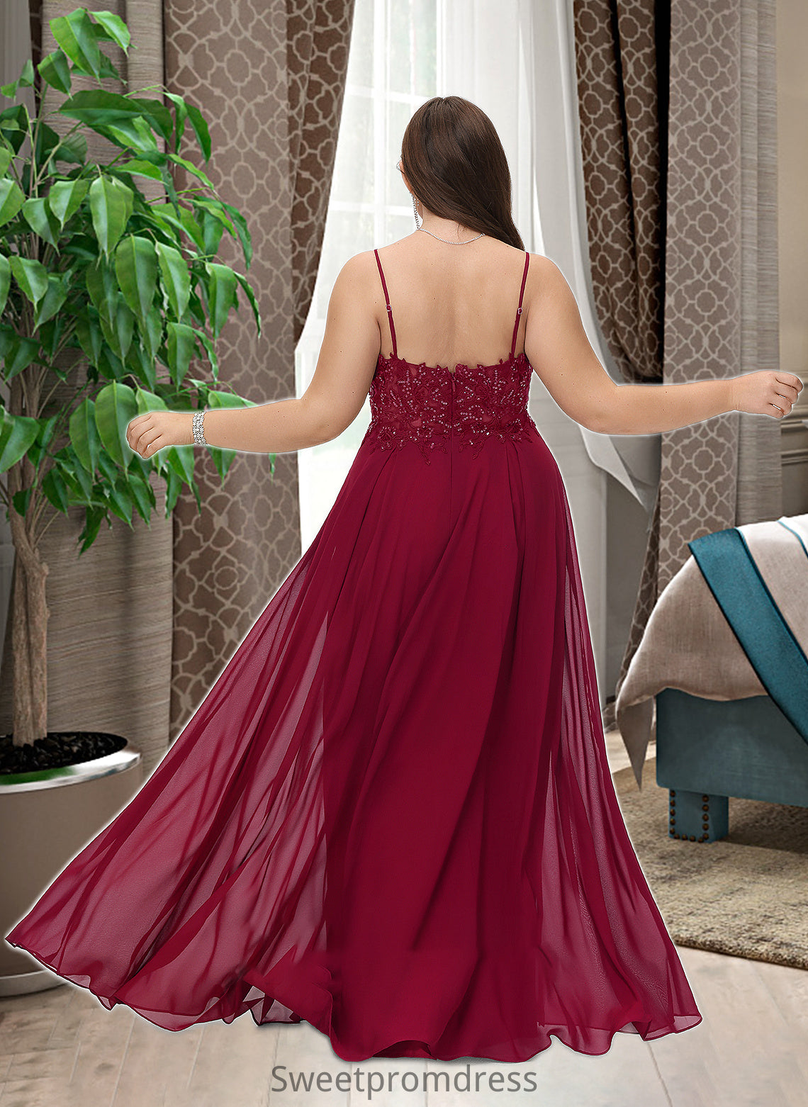 Nola A-Line V-neck Floor-Length Chiffon Bridesmaid Dress With Lace Sequins Split Front DHP0012830