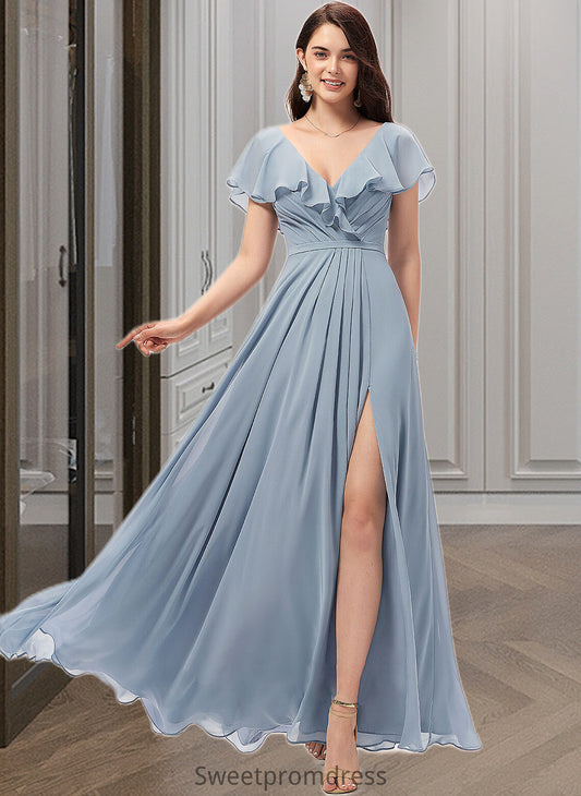 Shaylee A-Line V-neck Floor-Length Bridesmaid Dress With Split Front DHP0012832