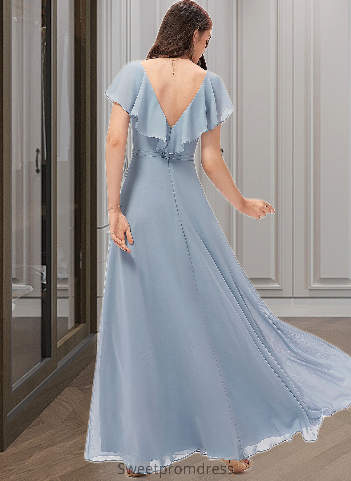 Shaylee A-Line V-neck Floor-Length Bridesmaid Dress With Split Front DHP0012832