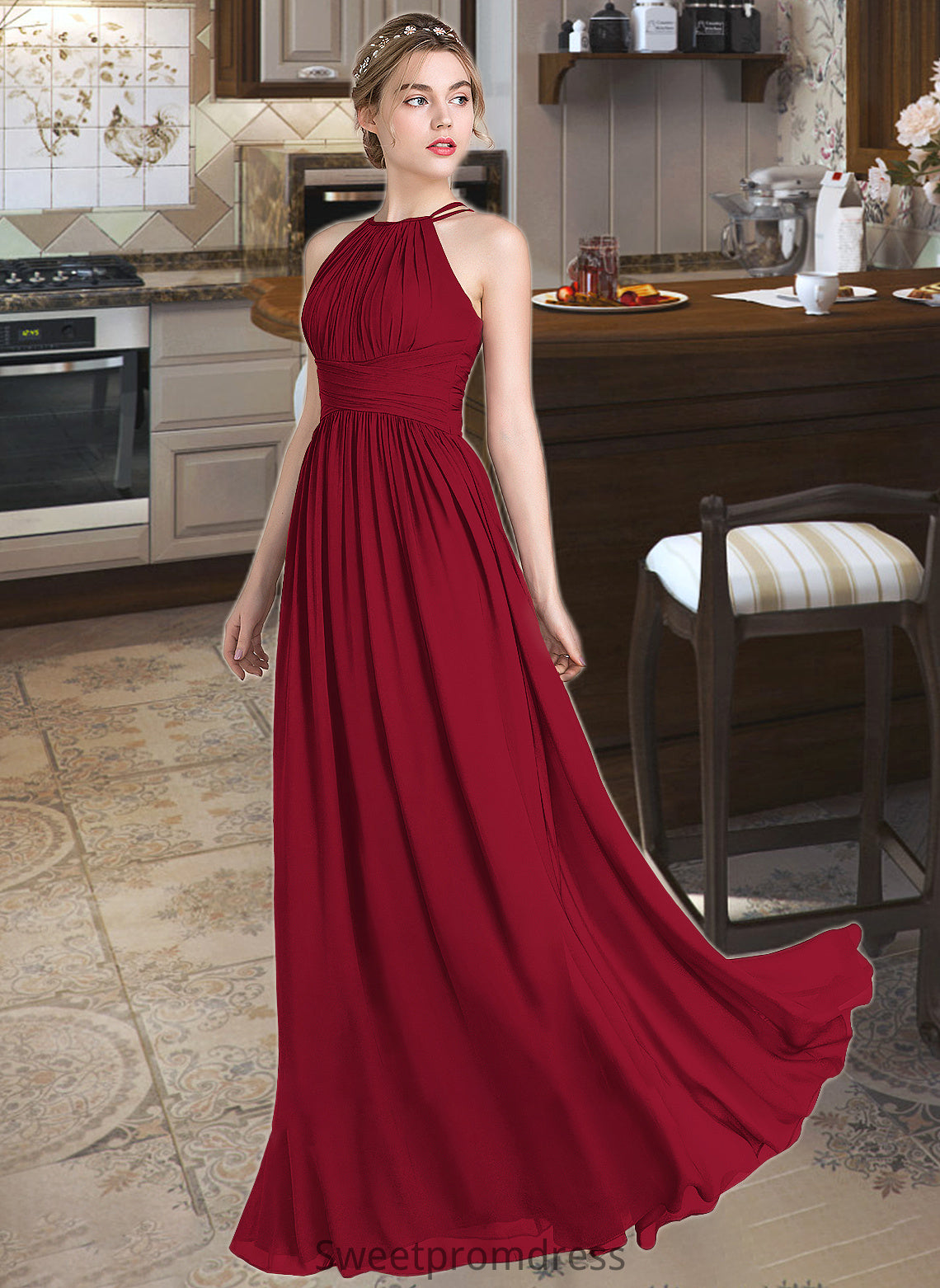 Erika A-Line Scoop Neck Floor-Length Chiffon Bridesmaid Dress With Ruffle DHP0012835