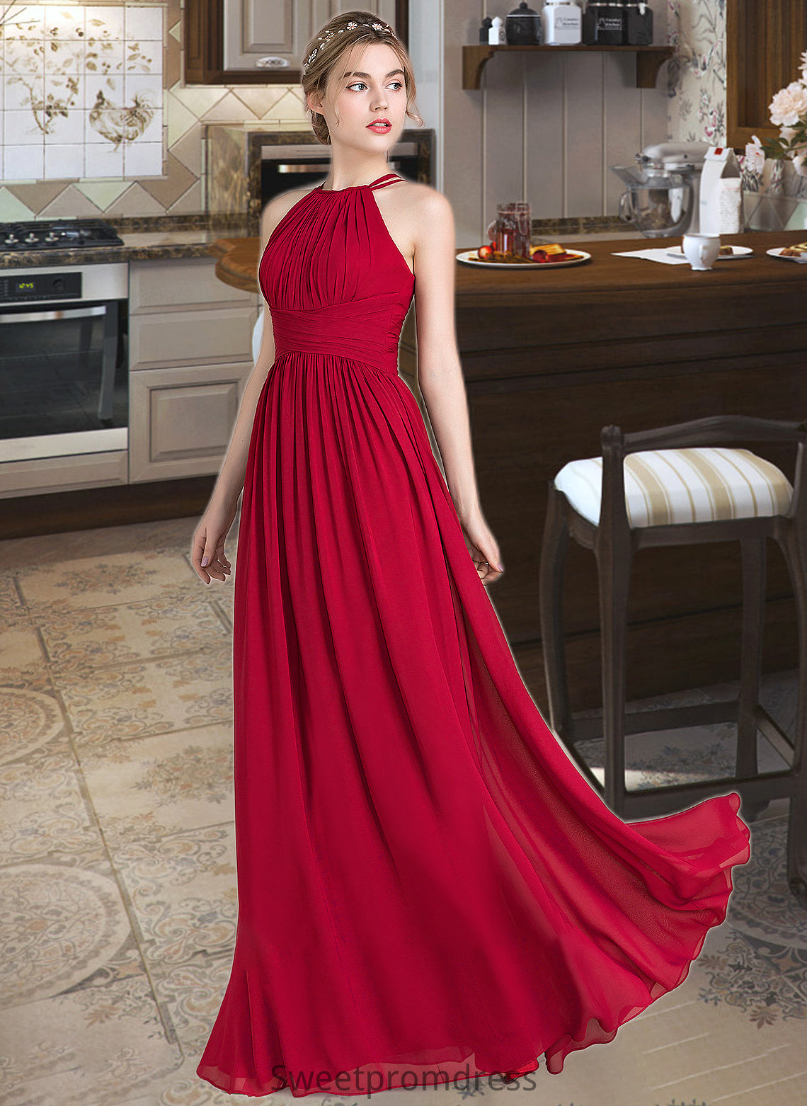 Erika A-Line Scoop Neck Floor-Length Chiffon Bridesmaid Dress With Ruffle DHP0012835