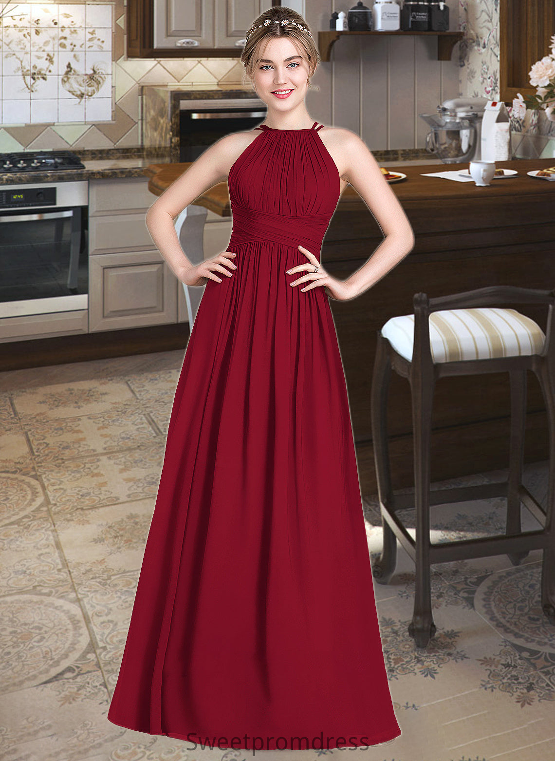 Erika A-Line Scoop Neck Floor-Length Chiffon Bridesmaid Dress With Ruffle DHP0012835