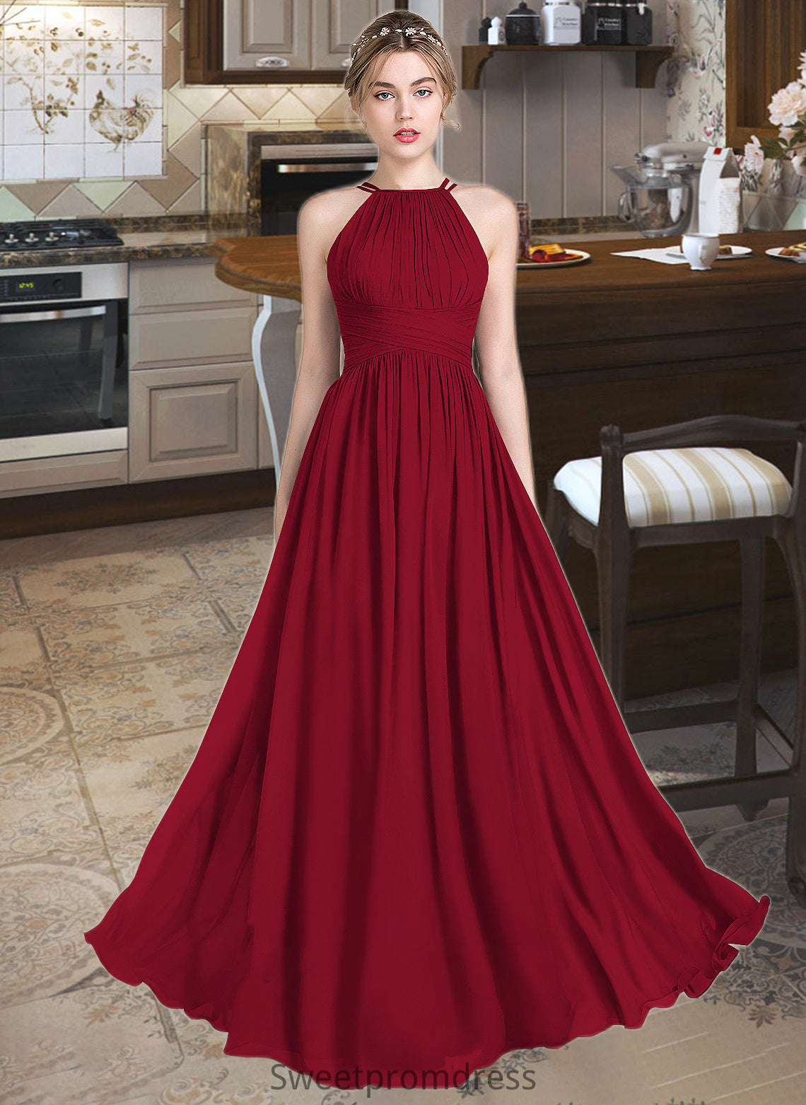 Erika A-Line Scoop Neck Floor-Length Chiffon Bridesmaid Dress With Ruffle DHP0012835